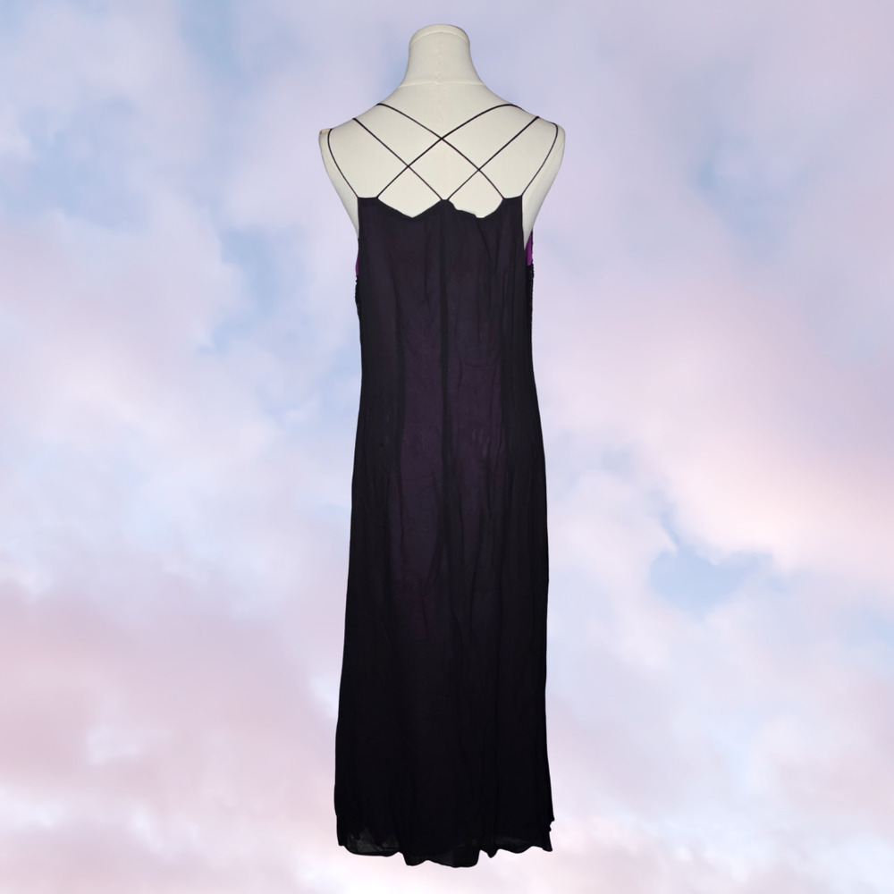 Vintage Nostalgia Black Purple Beaded Sequins Strappy Boho Rayon Maxi Dress L - Picture 4 of 9